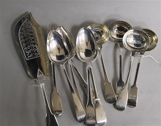 A pair of George III silver sauce ladles, a pair of Victorian sauce ladles and sundry flatware, 25oz gross